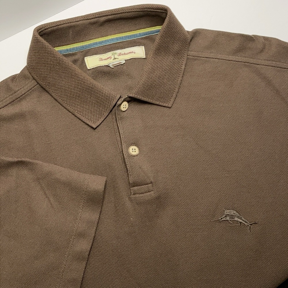 Tommy Bahama Polo Shirt Mens XL Brown Pima Cotton‎ Pique Marlin Logo Golf Casual